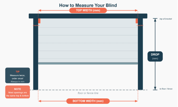 How to measure an outdoor blind opening — width, drop and obstruction points